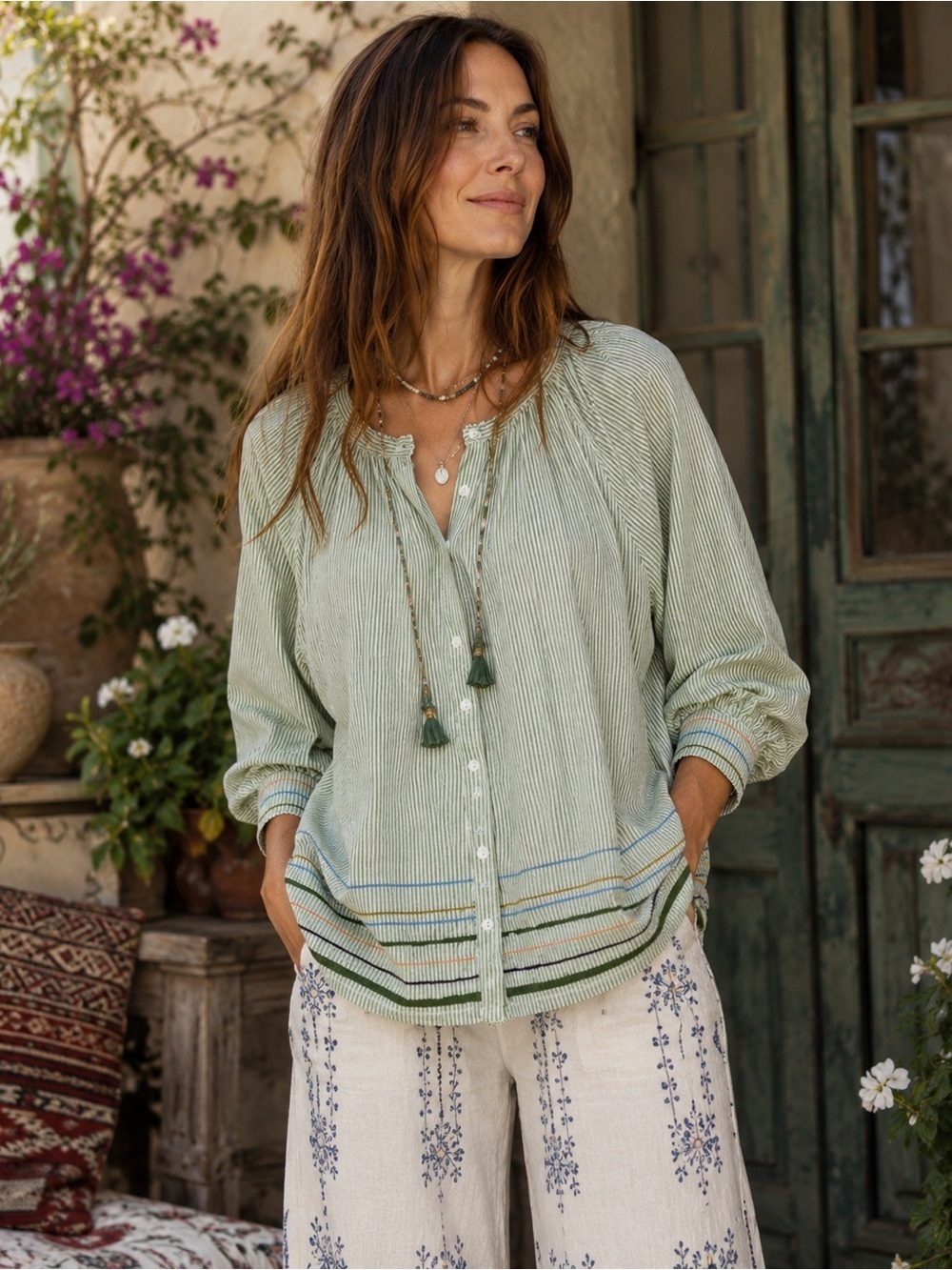 Roberta Roller Rabbit Womens Murello Ada Top XS Green Stripe Boho Embroidered